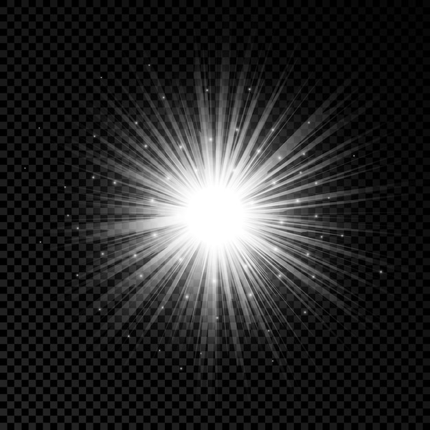 Efeito de luz de reflexos de lente. luzes brilhantes brancas efeitos starburst com brilhos em um fundo transparente. ilustração vetorial