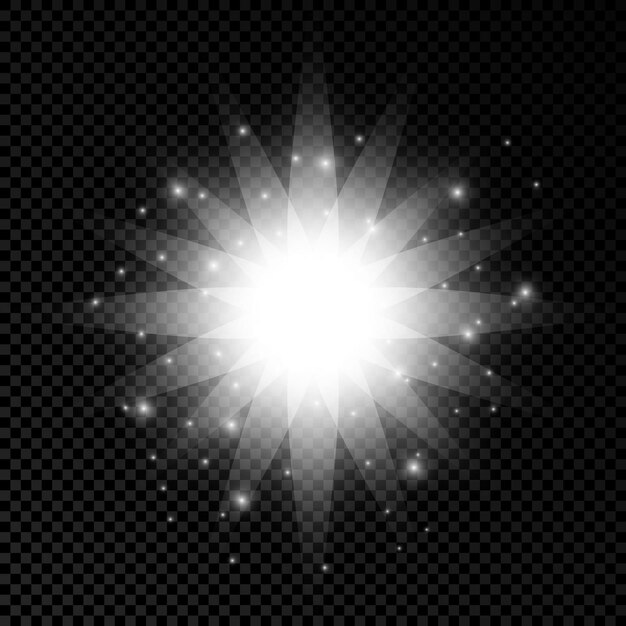 Efeito de luz de reflexos de lente. luzes brilhantes brancas, efeitos starburst com brilhos em um fundo transparente. ilustração vetorial