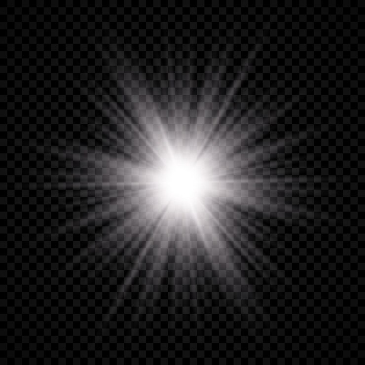 Vetor efeito de luz do alargamento da lente. a luz branca brilhante explode com efeitos de explosão estelar e brilha em um fundo transparente. ilustração vetorial