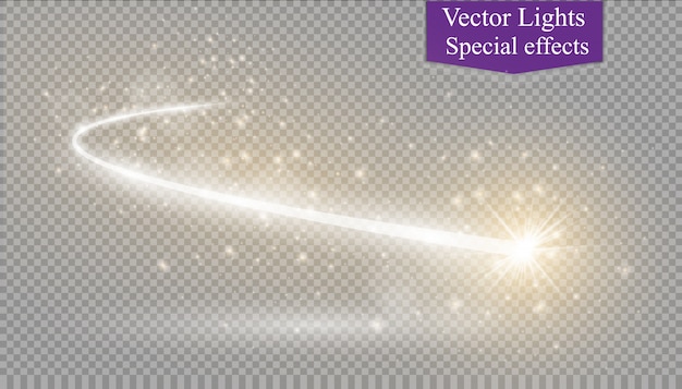 Efeito de luz estrela mágica brilhante abstrato do borrão de néon de linhas curvas. trilha de poeira de estrelas brilhantes do cometa side.flying em um fundo transparente.