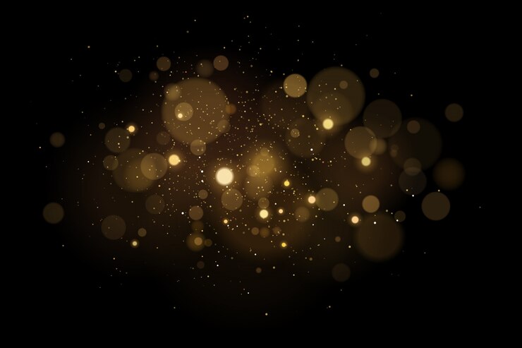 Efeito de luz mágico abstrato com bokeh brilhos dourados sobre um fundo preto. Luzes de Natal. Pó voador brilhante.