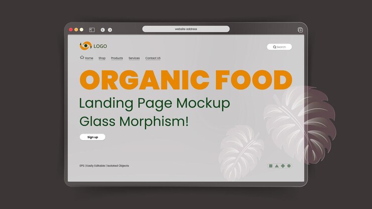 Vetor efeito de morfismo de vidro líquido 3d modelo de página de destino de alimentos orgânicos
