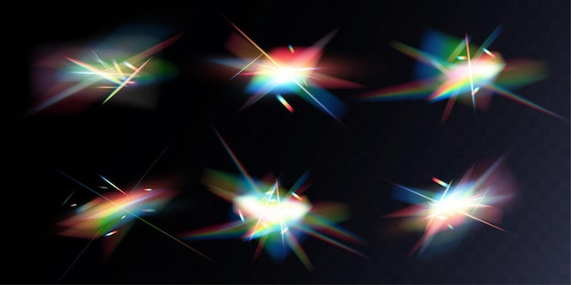Vetor efeito de reflexão de luz do arco-íris de cristal lentes iridescentes claras e coloridas
