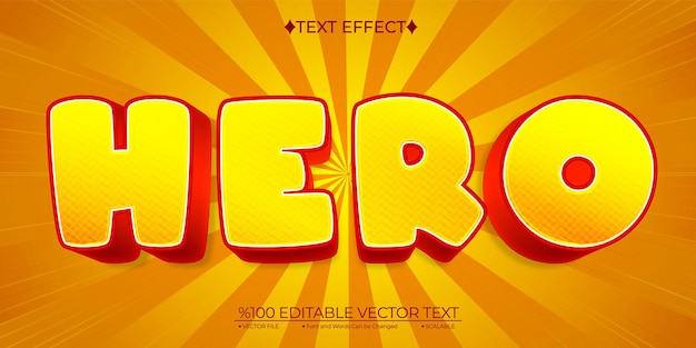 Efeito de texto 3D de vetor editável de herói de desenho animado