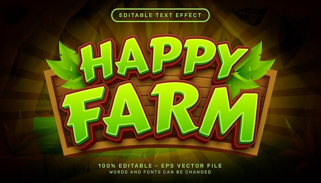 Vetor efeito de texto 3d fazenda feliz e efeito de texto editável