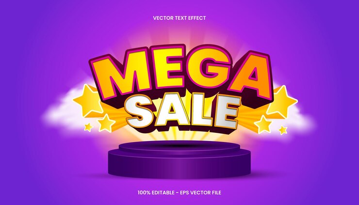 Vetor efeito de texto 3d mega sale com tema de cor amarela e roxa.