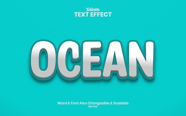 Efeito de texto 3d oceano editável e fundo de cor azul