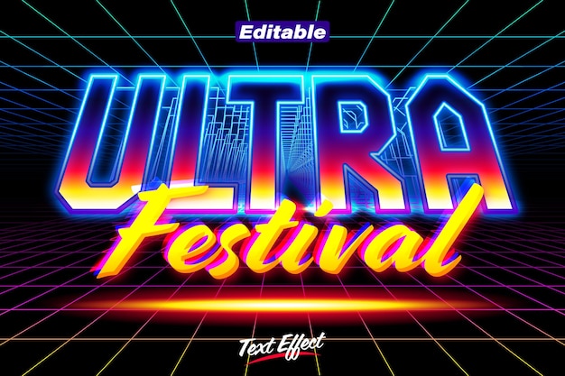 Vetor efeito de texto de falha futurista de néon de música ultra festival