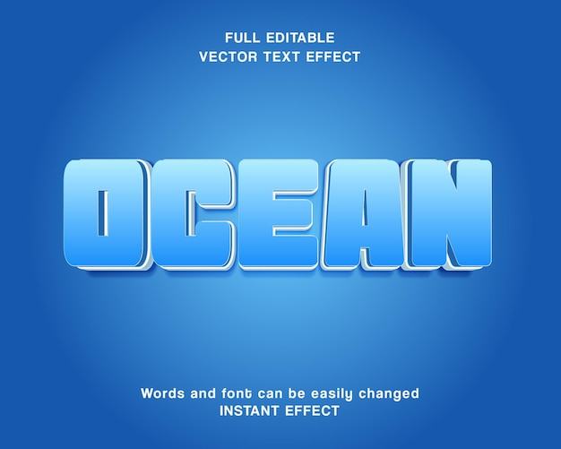 Efeito de texto de vetor oceano subaquático brilhante e efeito de texto