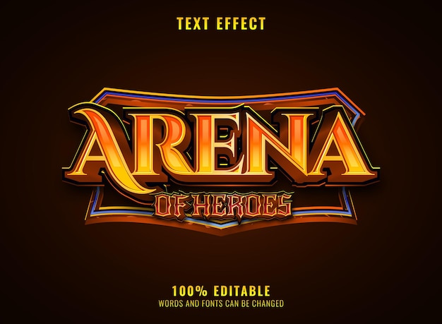 Vetor efeito de texto do logotipo do jogo de rpg medieval da arena dourada da fantasia dos heróis com borda de quadro