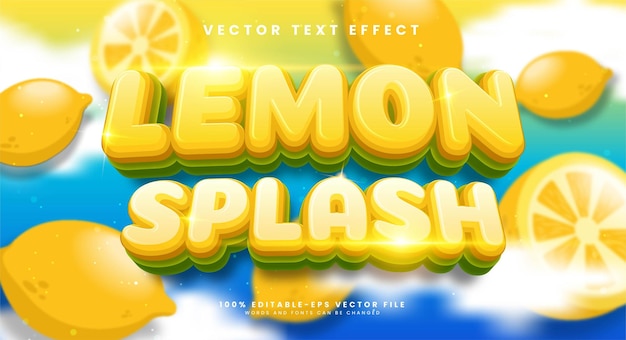 Efeito de texto editável 3d splash de limão com cor amarela adequada para o conceito de frutas tropicais