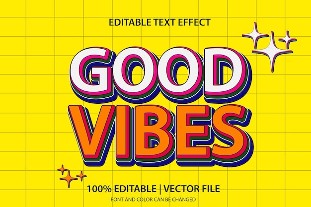 Efeito de texto editável Boas vibrações modelo de desenho animado 3D design retro