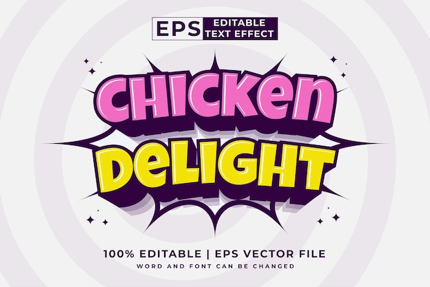 Efeito de texto editável chicken delight 3d modelo de desenho animado vetor premium