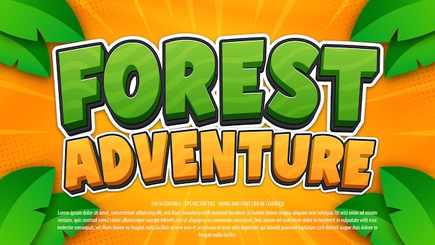 Efeito de texto editável de desenho animado 3d de aventura na floresta