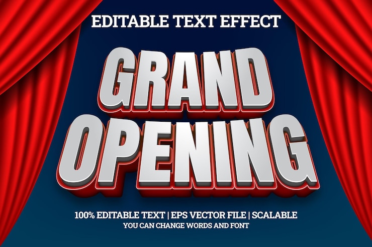 Vetor efeito de texto editável de inauguração com elemento de fundo de cortina vermelha