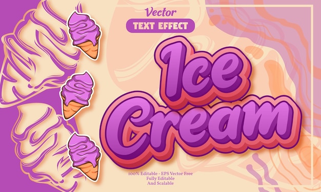 Efeito de texto editável de sorvete com padrão desenhado à mão de sorvete roxo sem costura