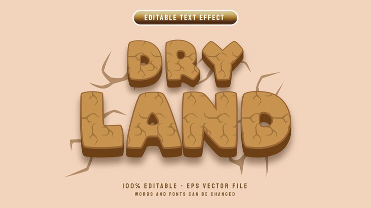 Vetor efeito de texto editável de terra seca com estilo de desenho em 3d e modelo de ilustração vetorial de fundo de fenda de terra