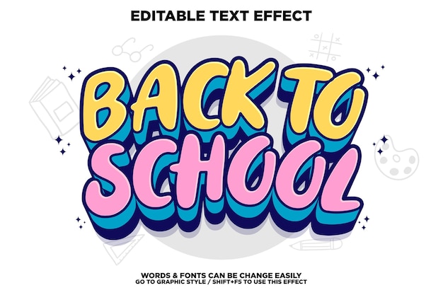 Vetor efeito de texto editável de volta às aulas com estilo cartoon