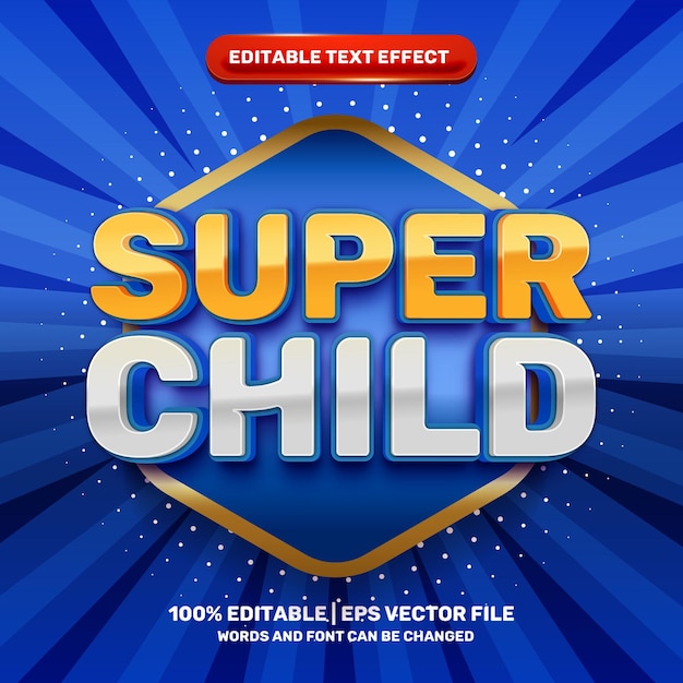 Efeito de texto editável em 3d do super child kids cartoon comic hero