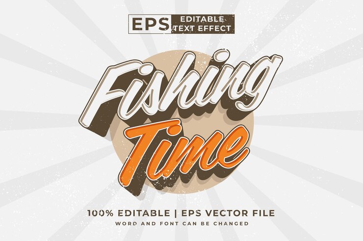 Vetor efeito de texto editável fishing time 3d vintage template style premium vector