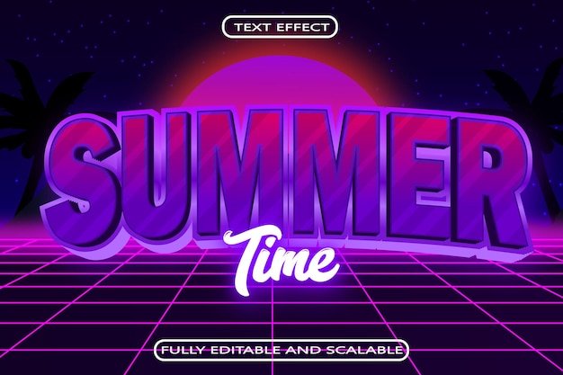 Vetor efeito de texto editável horário de verão 3 dimensões em relevo estilo néon