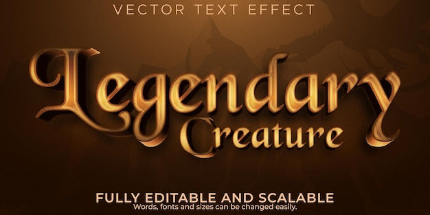 Efeito de texto editável lendário, brilho 3d e estilo de fonte histórico