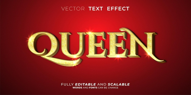 Efeito de texto editável queen ilustrações de estilo 3d com glitter dourado na carta