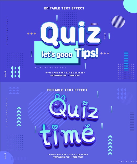 Vetor efeito de texto editável quiz time and tips quiz 3d modelo de desenho animado estilo vetor premium cor elegante