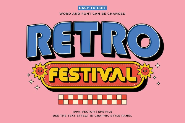 Vetor efeito de texto editável retro vintage retro festival vetor premium em estilo de desenho animado 3d