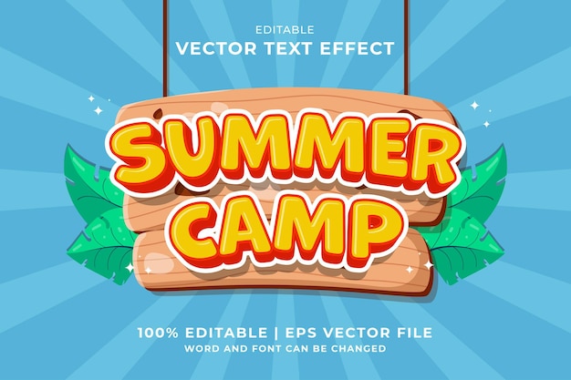 Efeito de texto editável summer camp 3d cartoon template style vector premium