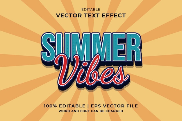 Efeito de texto editável summer vibes 3d cartoon template style vector premium