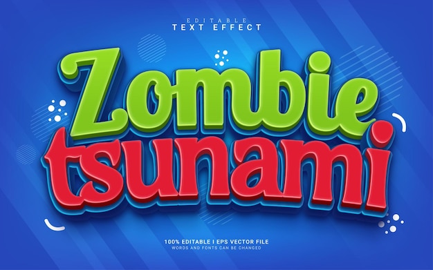 Efeito de texto em estilo 3d de desenho animado de tsunami zumbi para jogo