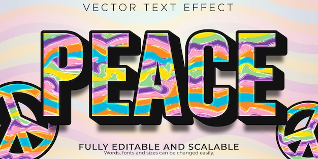 Efeito de texto hippie vintage, retro editável e estilo de texto pacífico