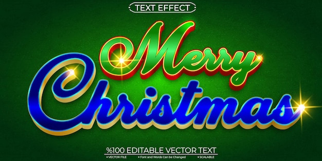 Vetor efeito de texto vetorial de feliz natal brilhante azul e verde dourado e escalável