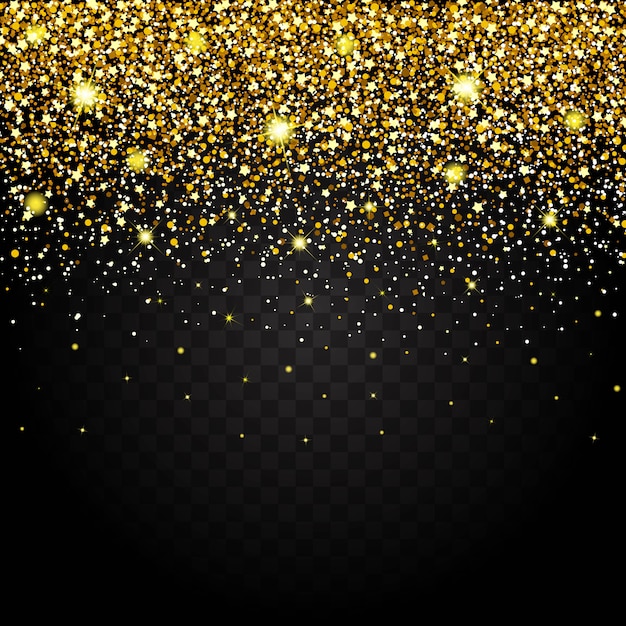 Efeito de voar peças ouro glitter luxo rico design plano de fundo. Efeito de fundo escuro. A poeira estelar desencadeia a explosão em um fundo transparente. Luxo.