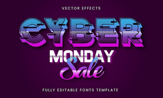 Efeitos de texto de vetor gradiente editáveis de venda cyber monday