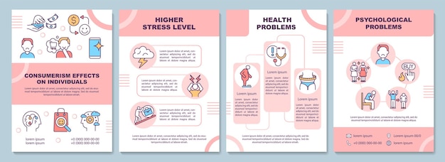 Efeitos do modelo de folheto de consumismo. problemas psicológicos. folheto, folheto, impressão de folheto, design da capa com ícones lineares. layouts de vetor para apresentação, relatórios anuais, páginas de anúncios