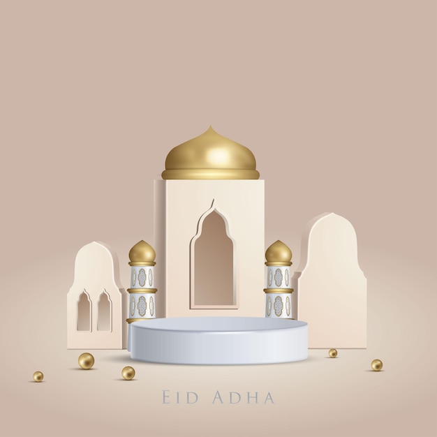 Eid adha mubarak pódio torre dourada estrela ilustração 3D vetor