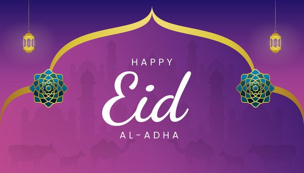 Eid al adha cartão com tema gradiente de cor roxa e dourada.