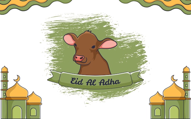 Eid al adha com ilustração de vaca e ornamento islâmico