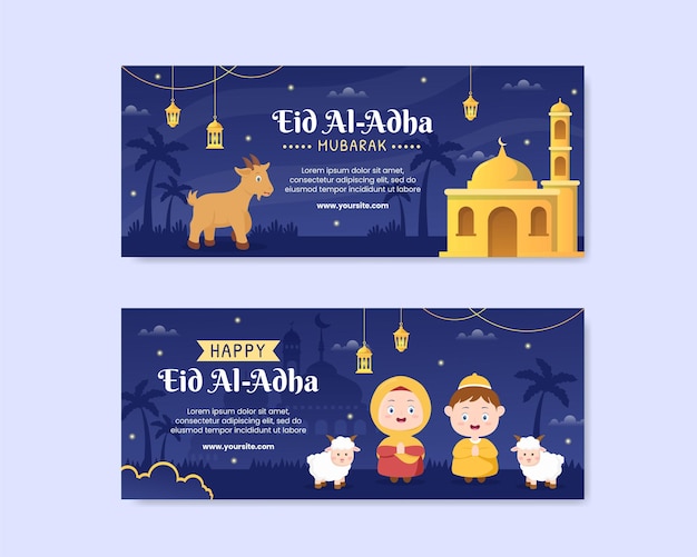 Eid al adha modelo de banner horizontal mídia social ilustração de fundo plano