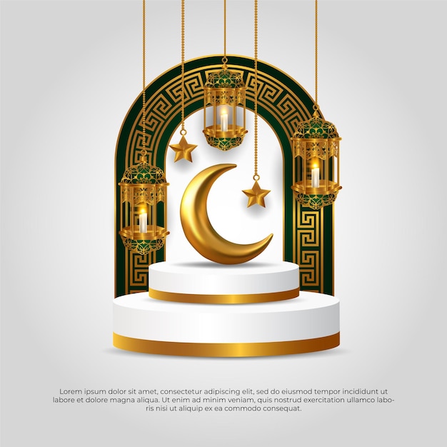 Eid al adha mubarak bela estrela da lua 3d islâmica e design vetorial de lâmpada