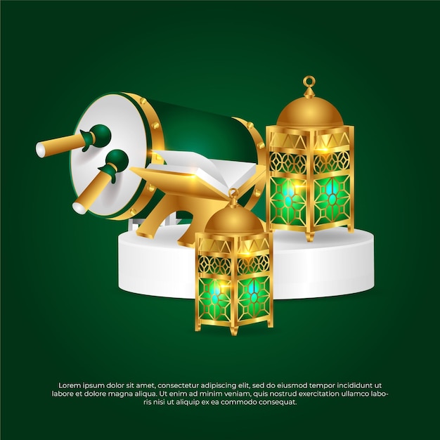 Eid al adha mubarak bela lâmpada de alcorão verde 3d islâmico e design de vetor de tambor