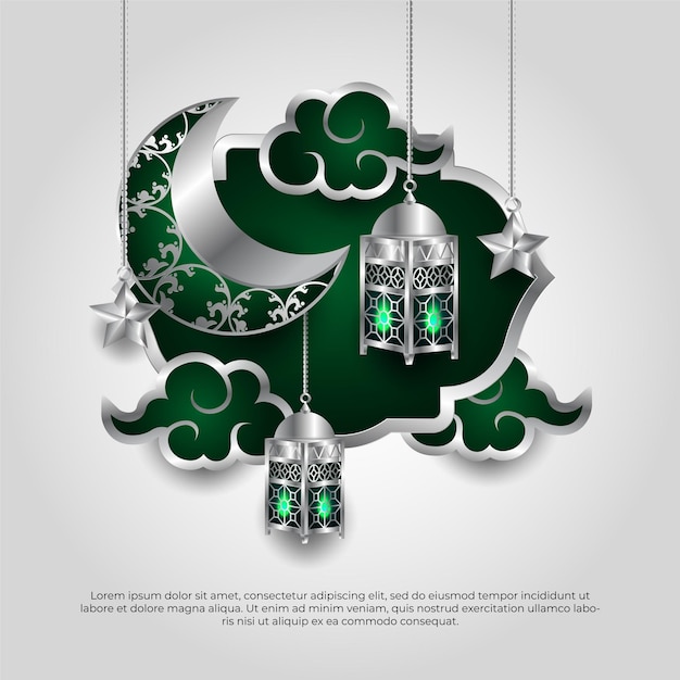 Eid al adha mubarak bela lua verde islamic3d e design vetorial de lâmpada