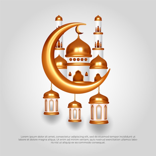 Eid al adha mubarak bela mesquita de lua dourada islâmica e design vetorial de lâmpada