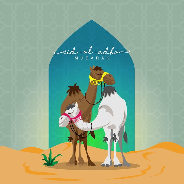 Eid-al-adha mubarak concept com cartoon dois camelo sobre vista para o deserto e fundo verde islâmico.