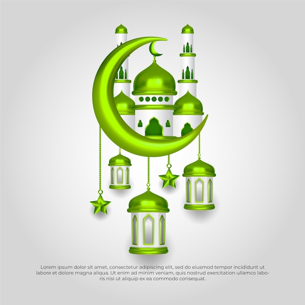 Eid al adha mubarak islâmica 3d lua verde mesquita estrela e lâmpada design vetorial