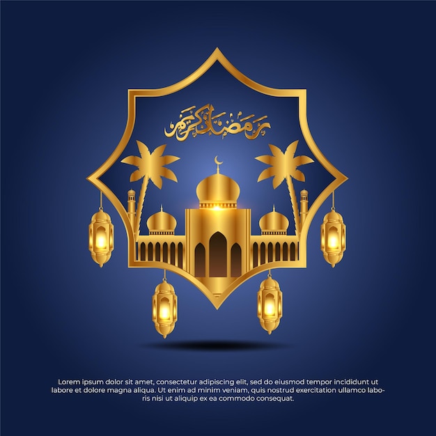 Eid al adha mubarak islâmico lindo fundo de lâmpada de mesquita dourada azul 3d