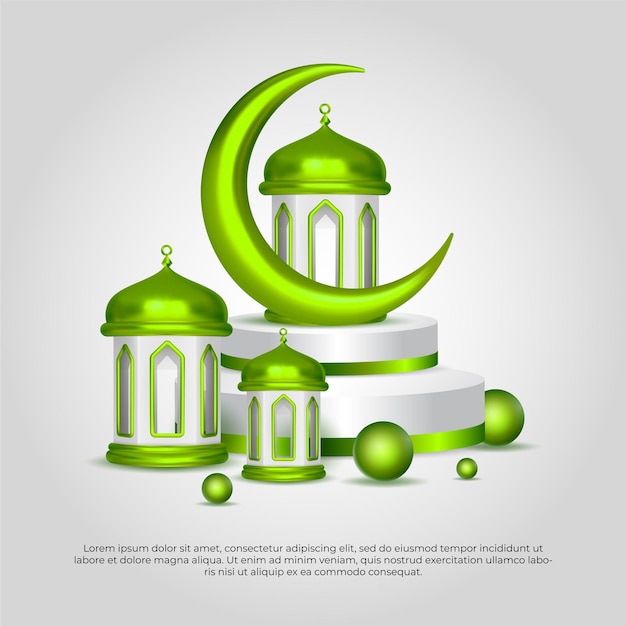 Eid al adha mubarak linda lâmpada 3d verde islâmica e design vetorial de lua
