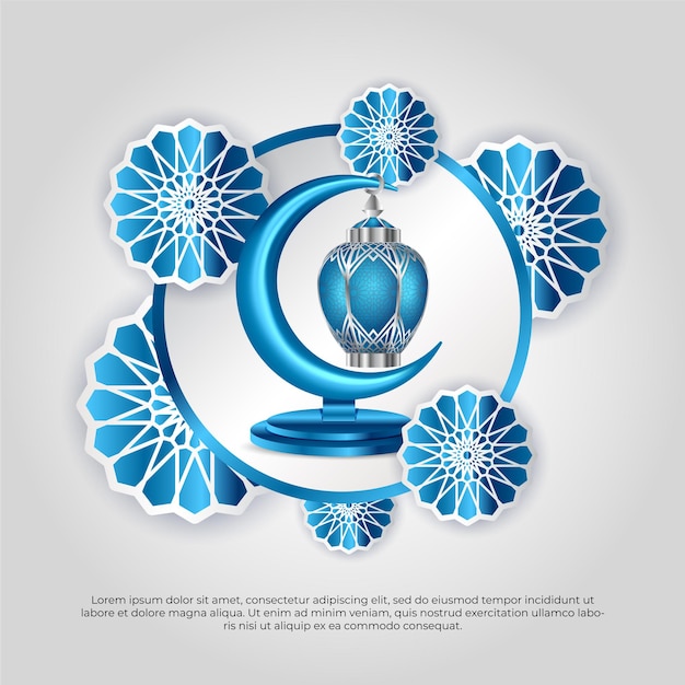 Eid al adha mubarak linda mandala azul 3d islâmica lua e design vetorial de lâmpada